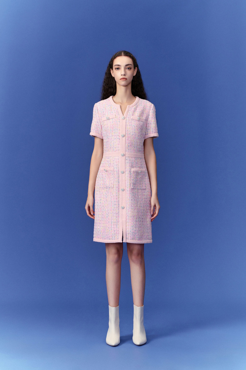 Pastel V-neck Tweed Dress
