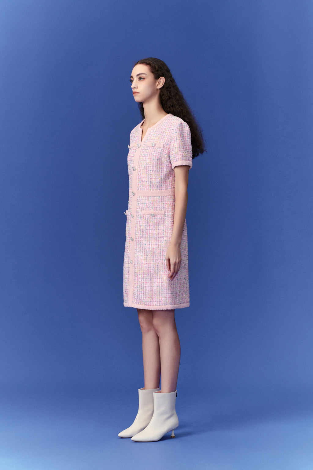 Pastel V-neck Tweed Dress