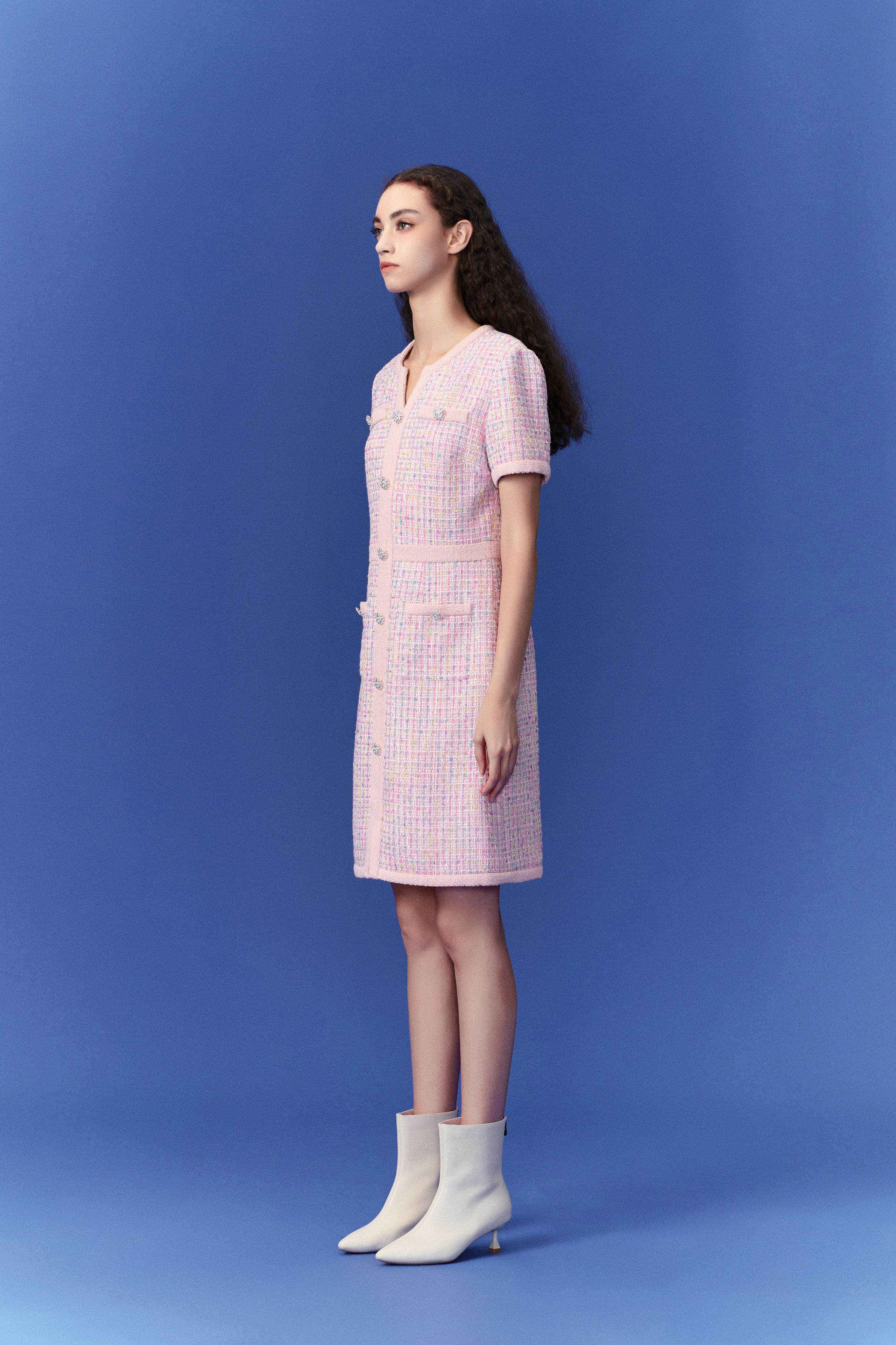 Pastel V-neck Tweed Dress