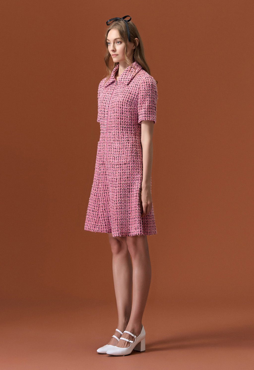 Pink Tweed Lapel Dress