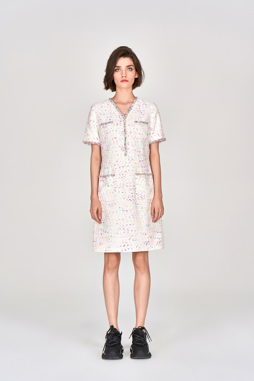 Candy White V-neck Tweed Dress