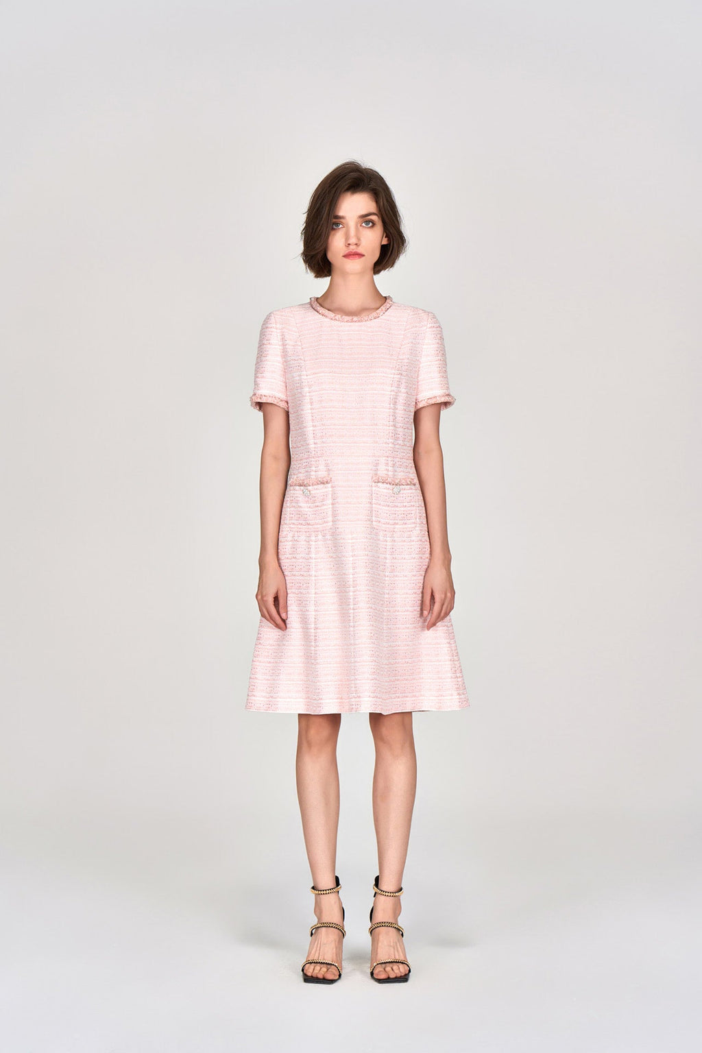 Pink Embellished Flared Tweed Dress