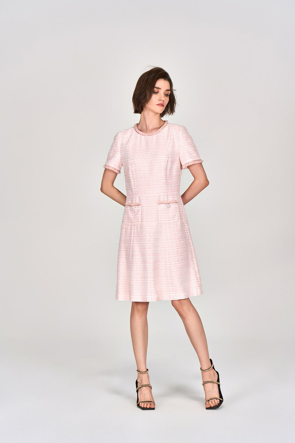 Pink Embellished Flared Tweed Dress