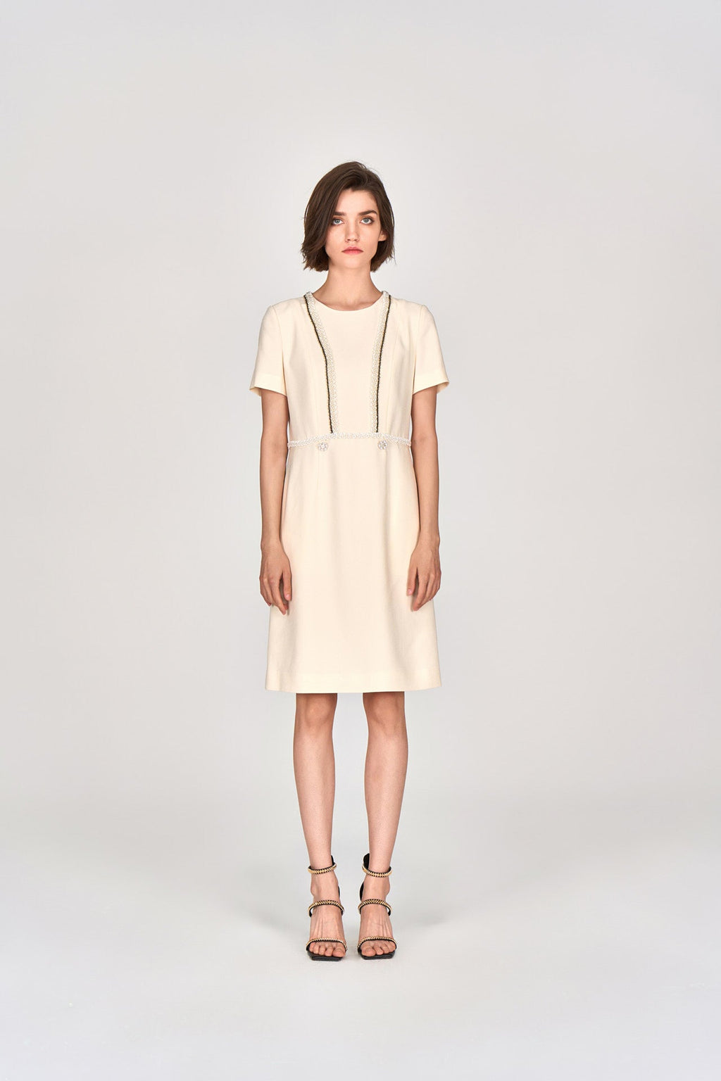 Custard Beaded Crepe Midi Dress