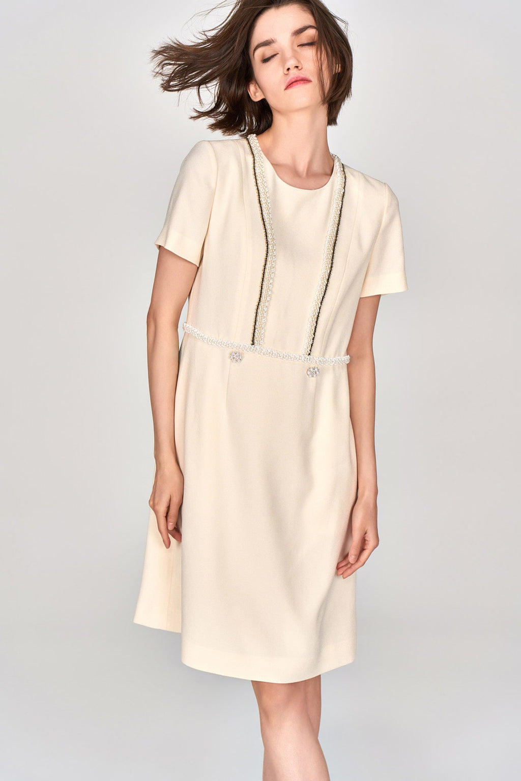 Custard Beaded Crepe Midi Dress