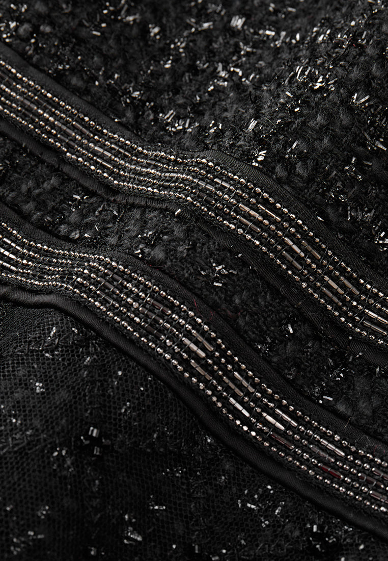 Black Cap-sleeved Embroidered Mesh Tweed Dress