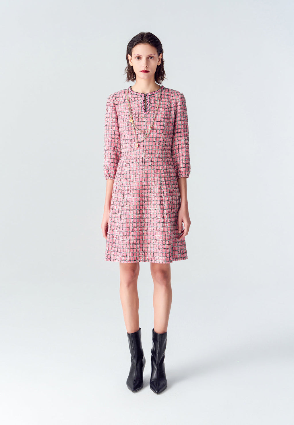 Pink Puff Sleeve Tweed Midi Dress