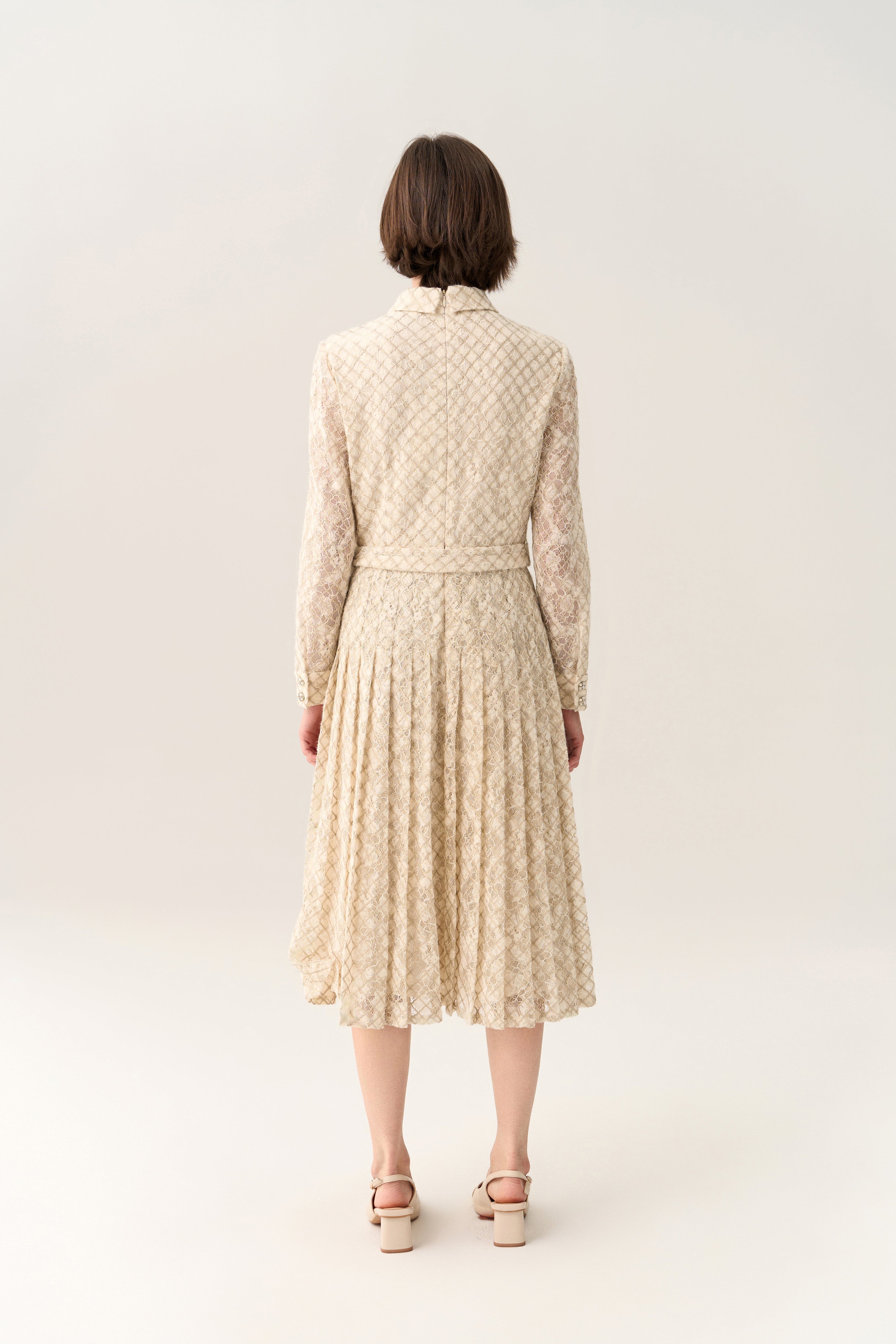 Diagonal Check Lace Pleated Dress with Belt