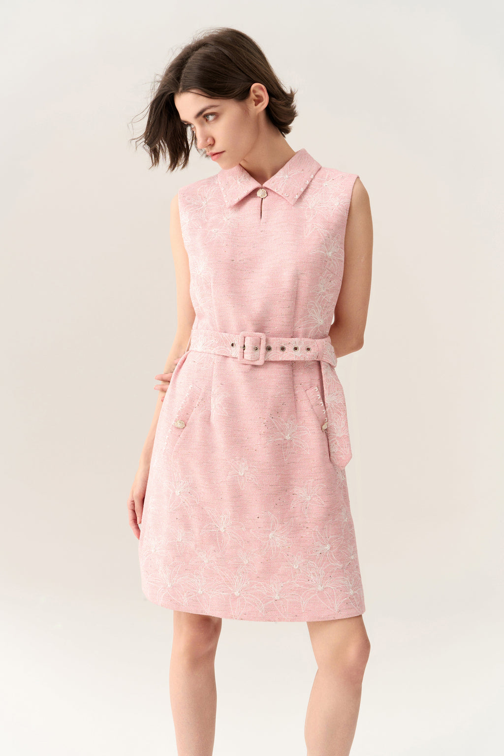 Pink Collar Belted Tweed Sleeveless Dress