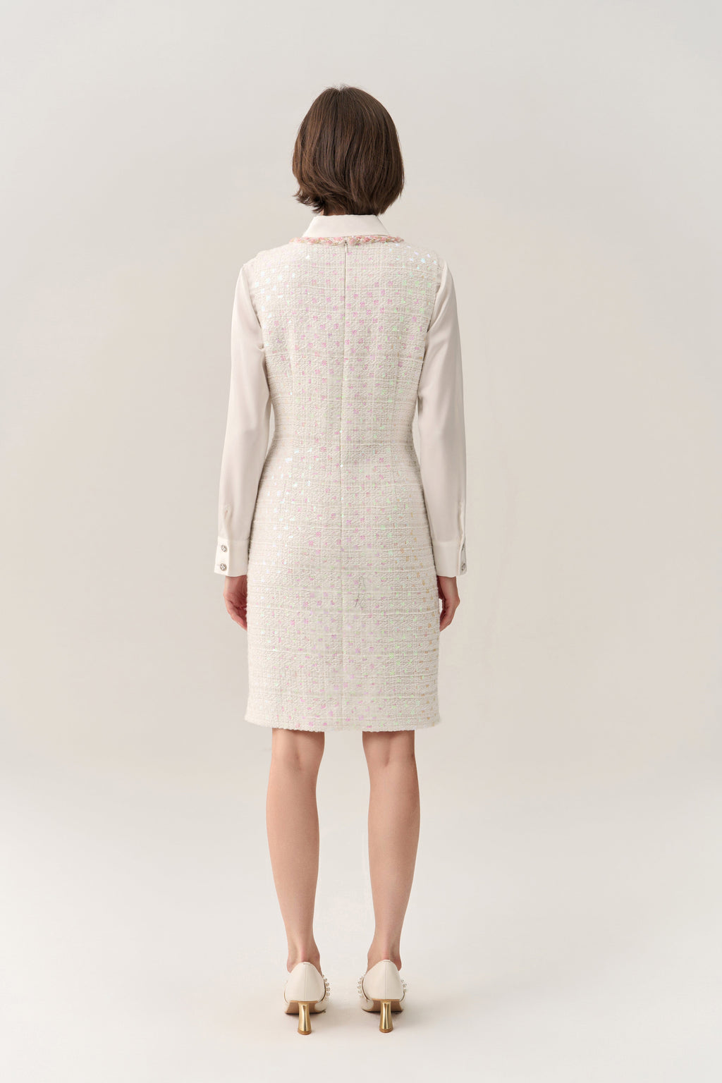 White Beaded Sequin Sleeveless Tweed Dress