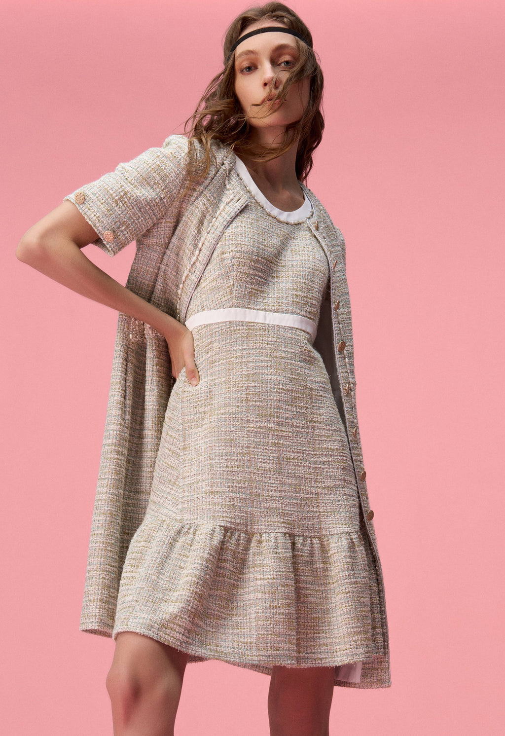Ruffle-detailing White Lining Mix-green Tweed Dress