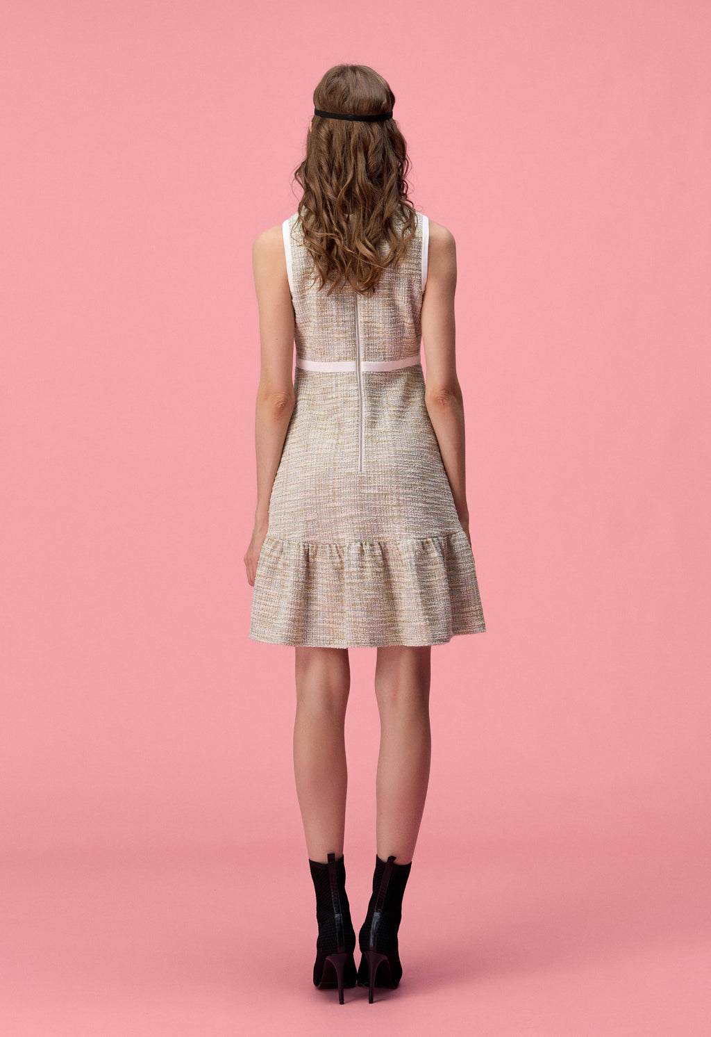 Ruffle-detailing White Lining Mix-green Tweed Dress